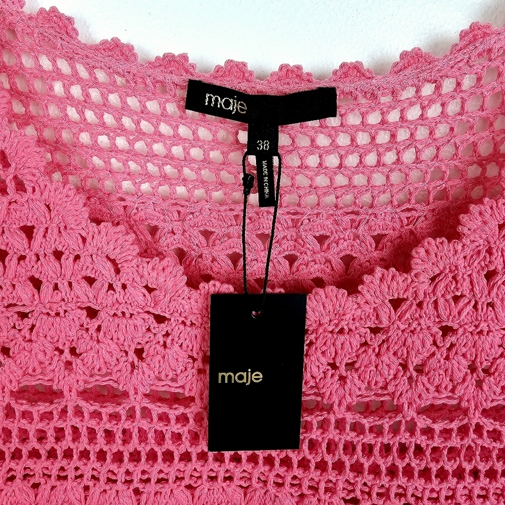 Maje Rosy Pink Crochet Fringe Short Sleeve Mini Dress NWT - Picture 7 of 16